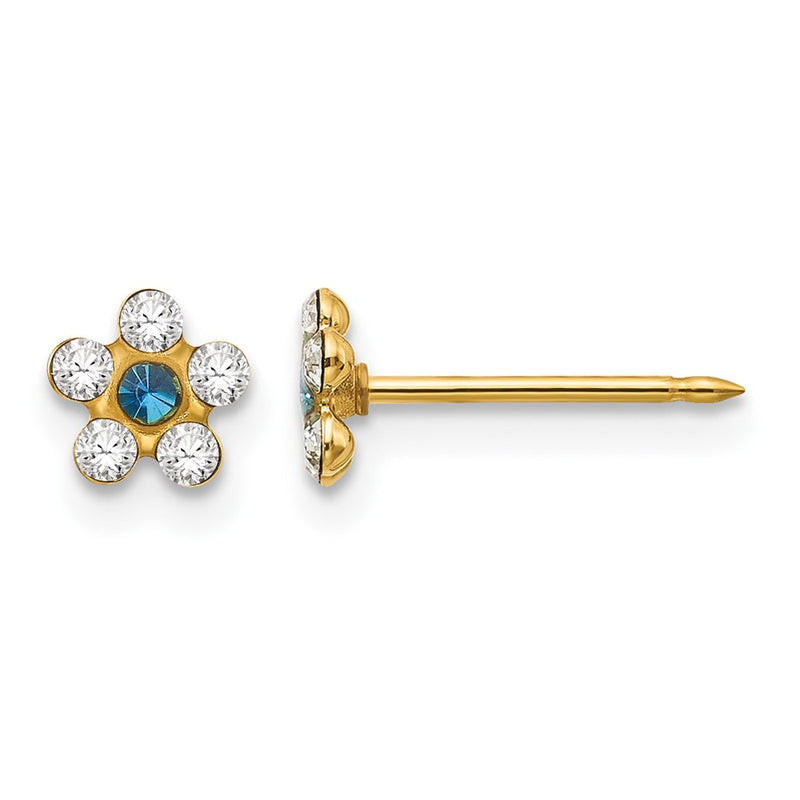 14K Yellow Gold Clear/blue Crystal Flower Earrings