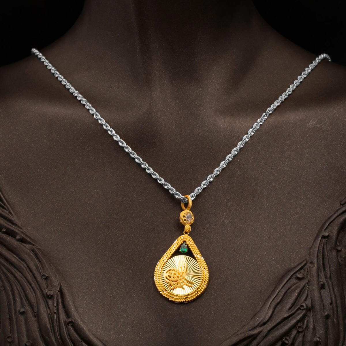 14K Yellow Gold Teardrop Ottoman Tughra Cubic Zirconia Pendant