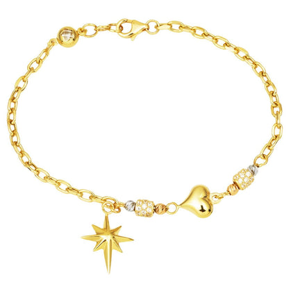 14K Yellow Gold Designer Inspired Heart Star Cubic Zirconia Bracelet