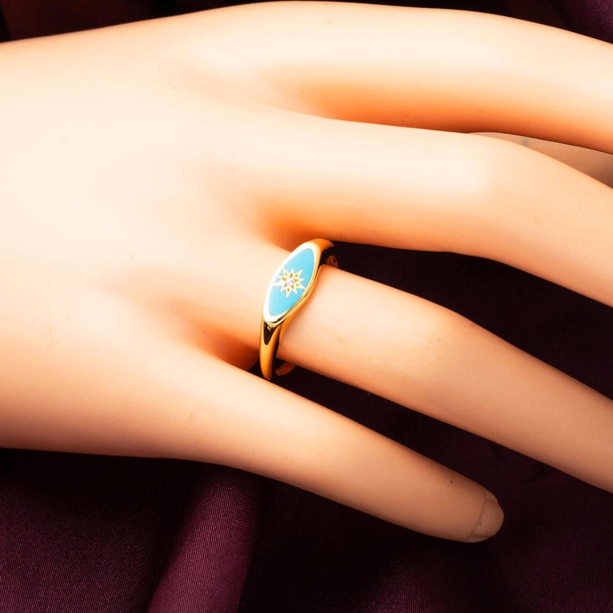 22K Yellow Gold Turquoise Enamel North Star Cubic Zirconia Ring