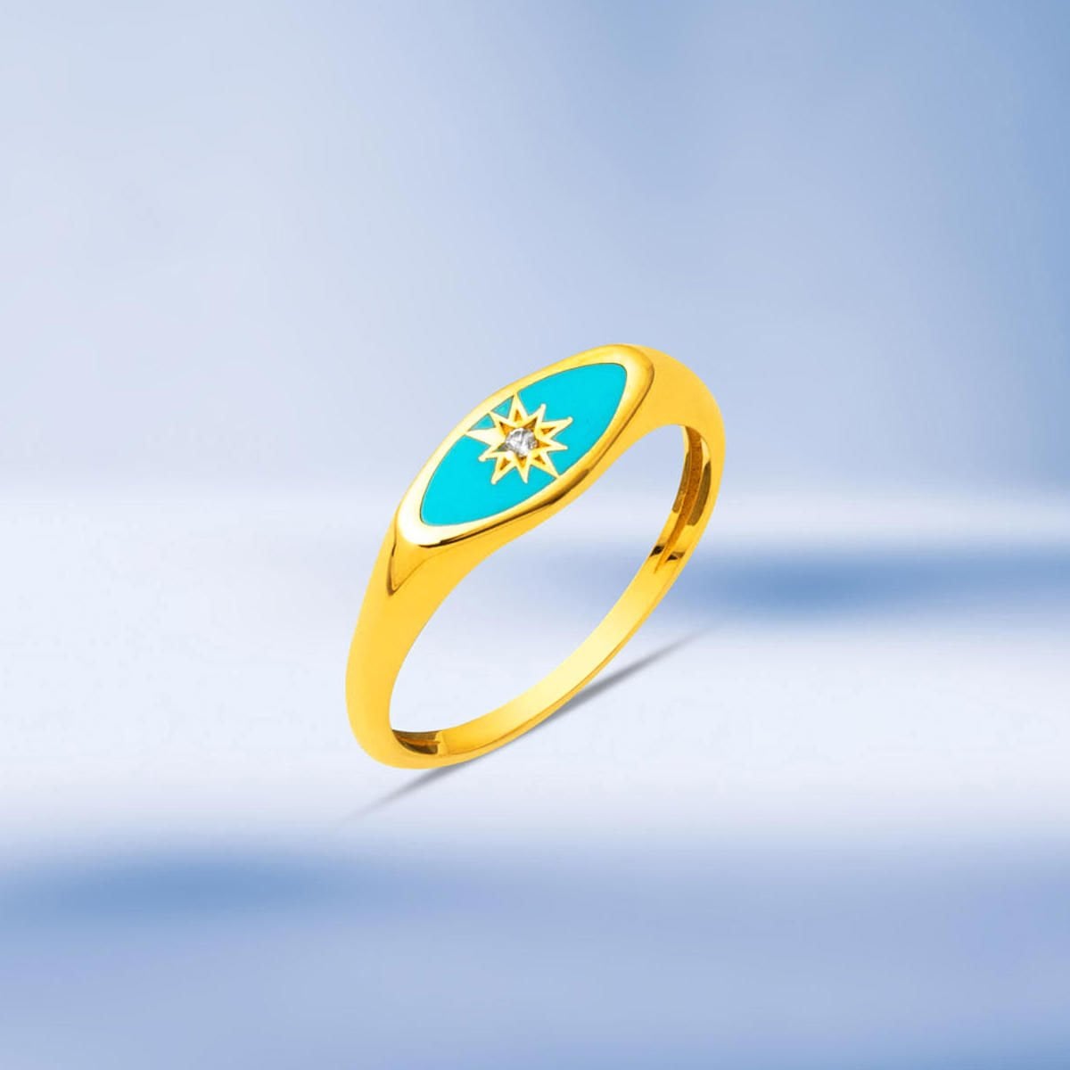 22K Yellow Gold Turquoise Enamel North Star Cubic Zirconia Ring