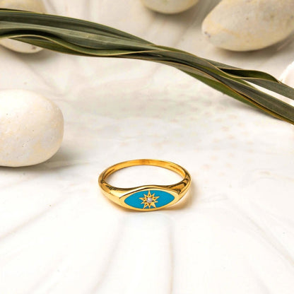 22K Yellow Gold Turquoise Enamel North Star Cubic Zirconia Ring