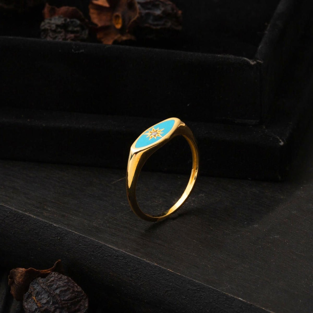 22K Yellow Gold Turquoise Enamel North Star Cubic Zirconia Ring