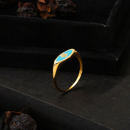 22K Yellow Gold Turquoise Enamel North Star Cubic Zirconia Ring