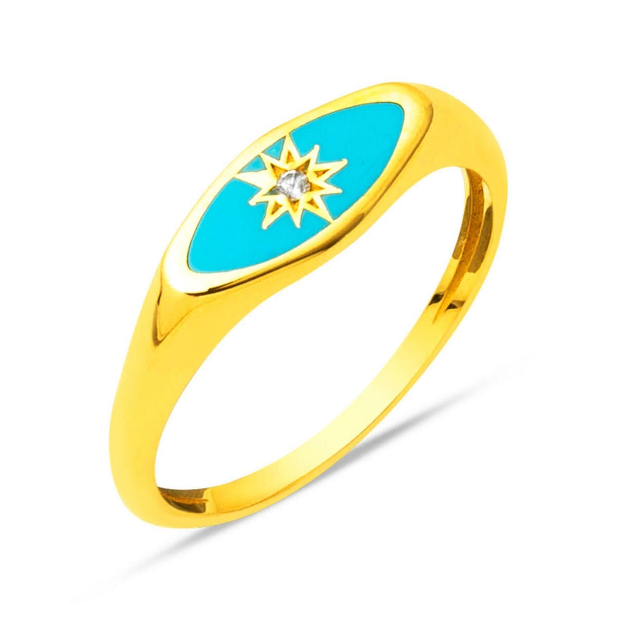 22K Yellow Gold Turquoise Enamel North Star Cubic Zirconia Ring