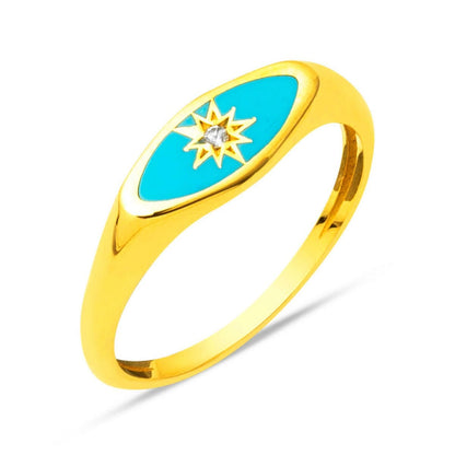 22K Yellow Gold Turquoise Enamel North Star Cubic Zirconia Ring
