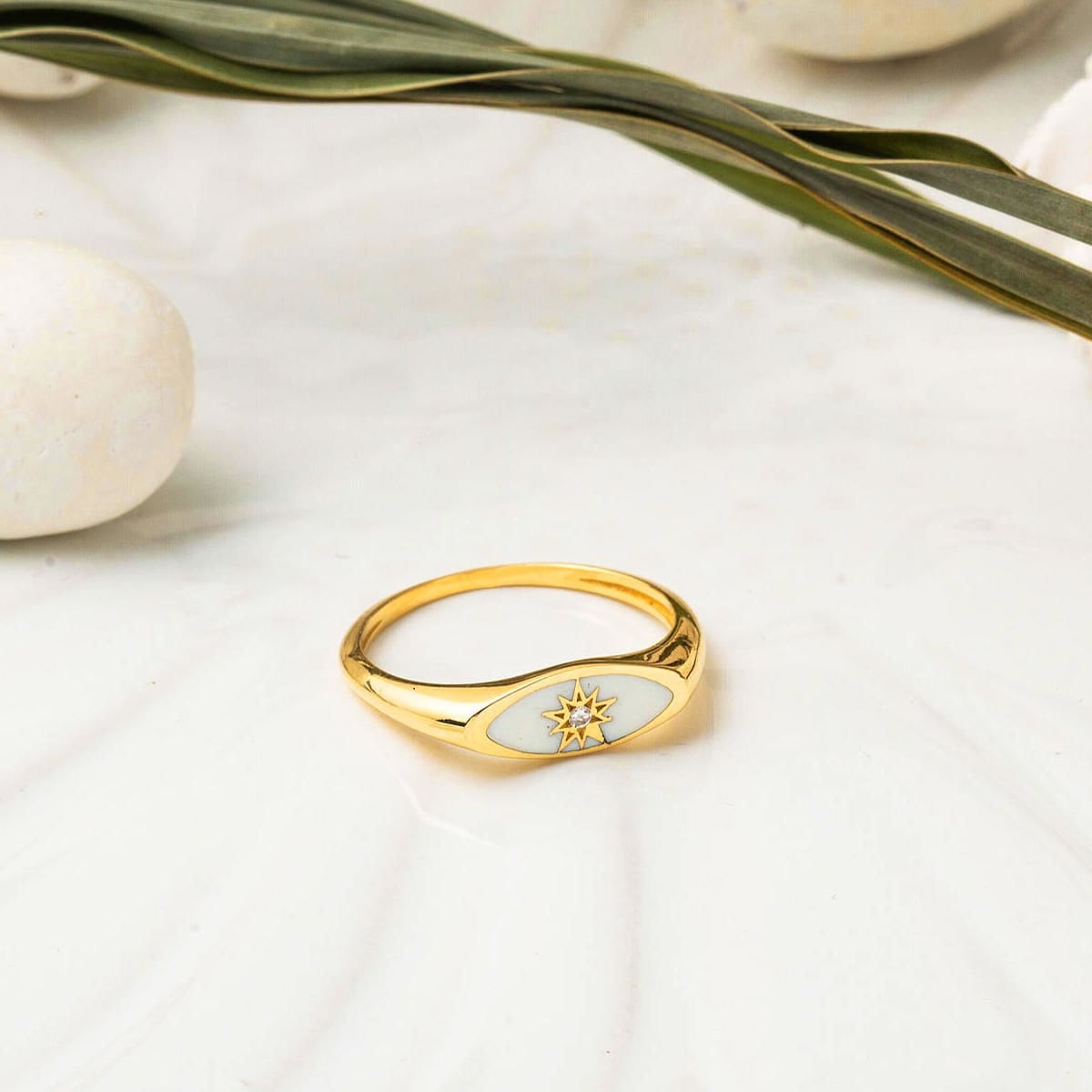 22K Gold White Enamel North Star Cubic Zirconia Ring