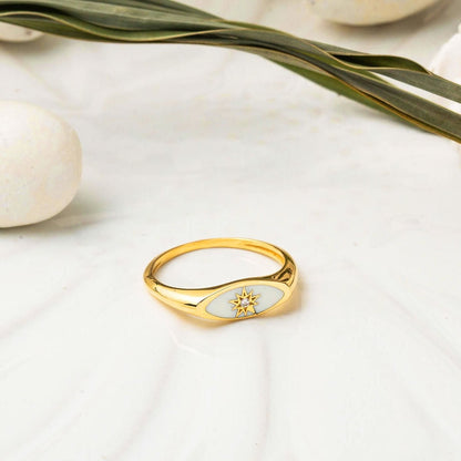 22K Gold White Enamel North Star Cubic Zirconia Ring