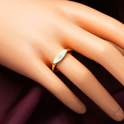 22K Gold White Enamel North Star Cubic Zirconia Ring