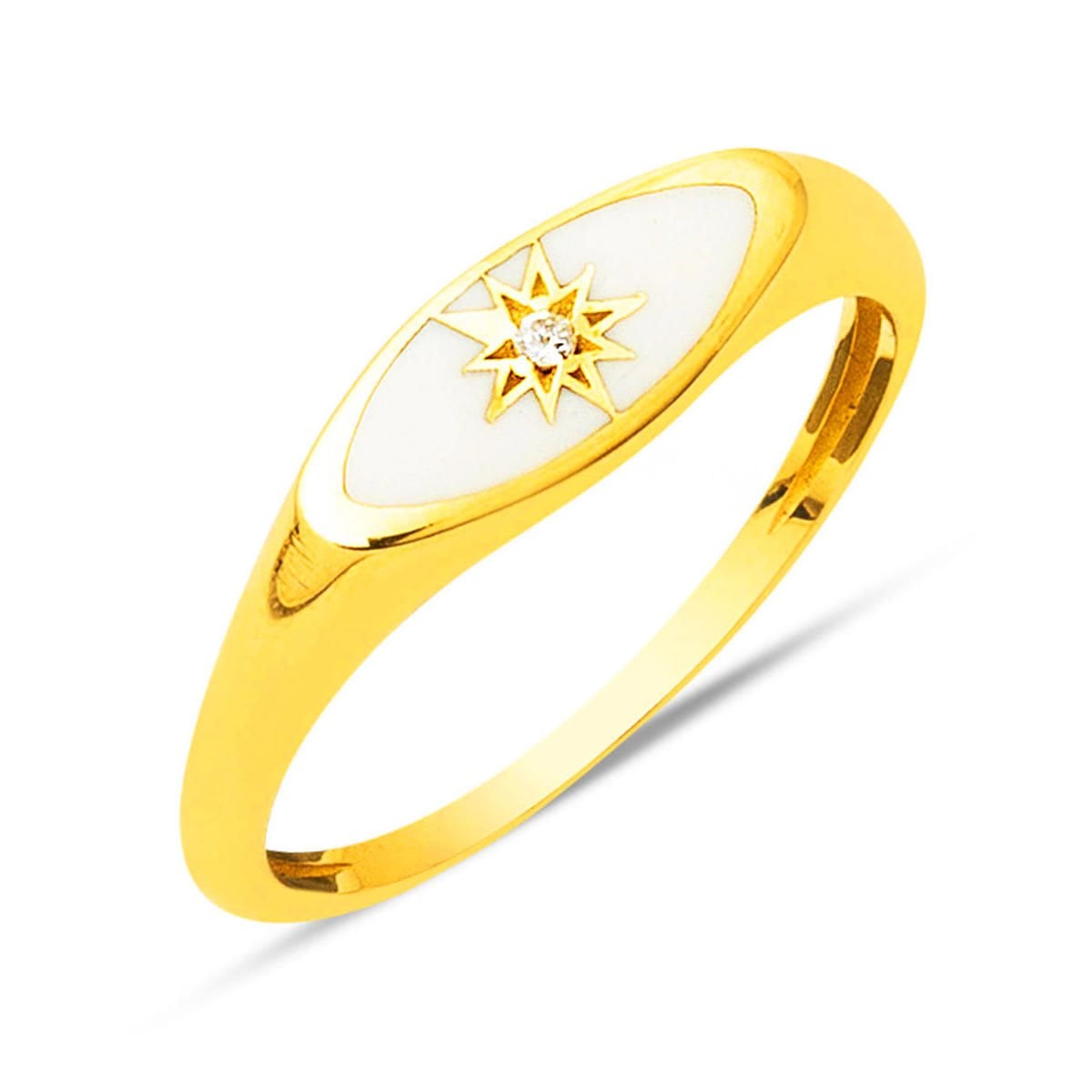 22K Gold White Enamel North Star Cubic Zirconia Ring
