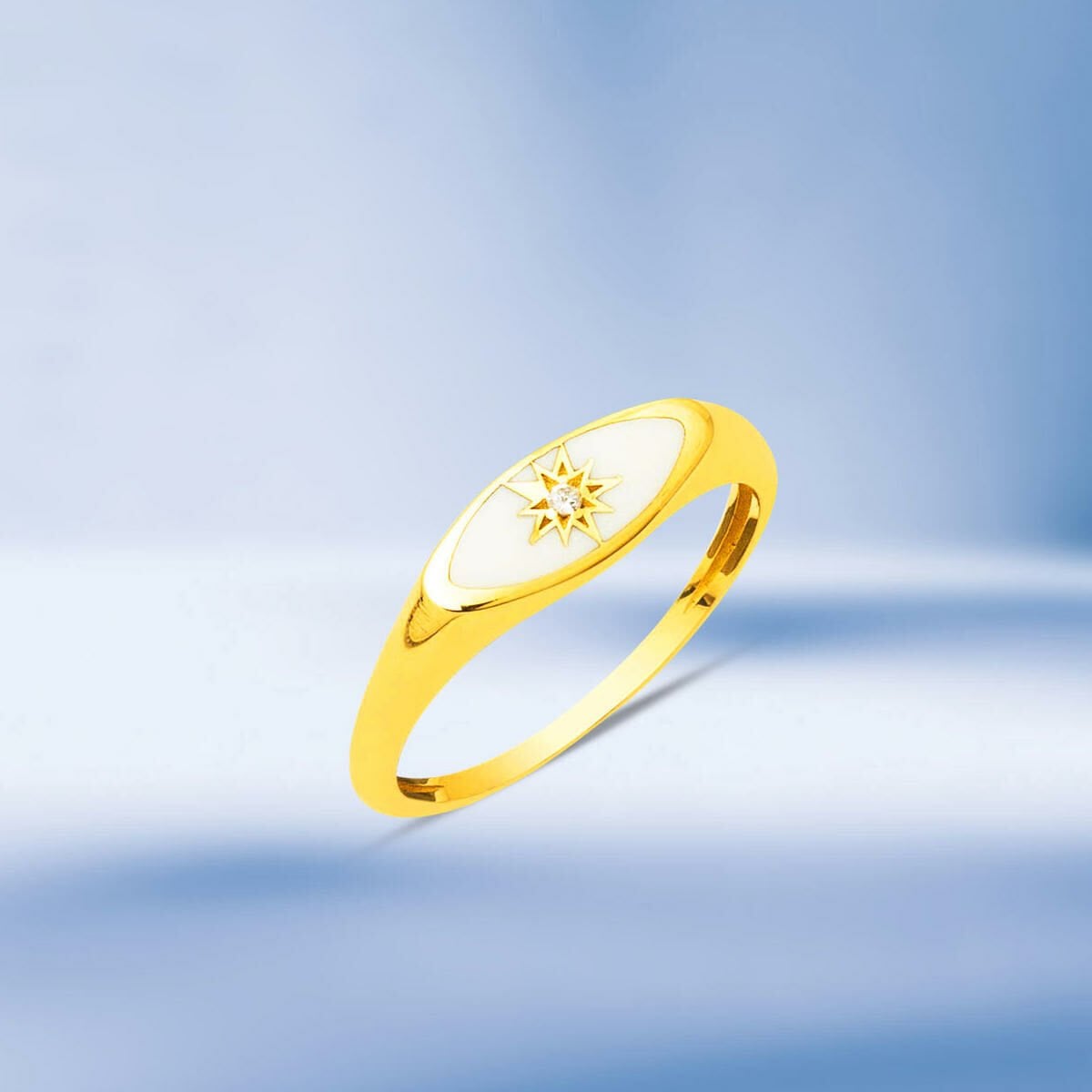 22K Gold White Enamel North Star Cubic Zirconia Ring