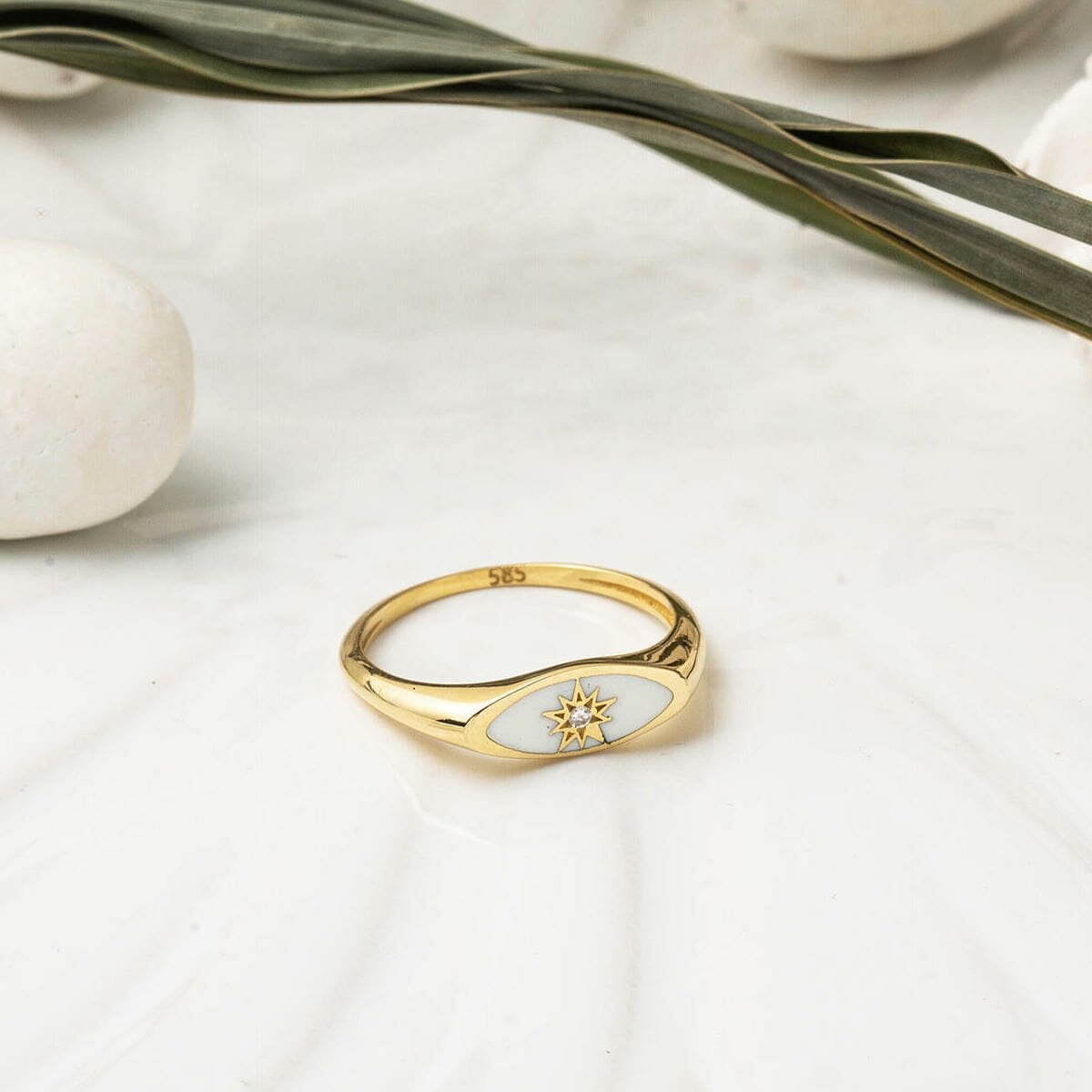 22K Gold White Enamel North Star Cubic Zirconia Ring