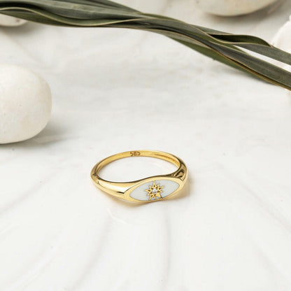 22K Gold White Enamel North Star Cubic Zirconia Ring