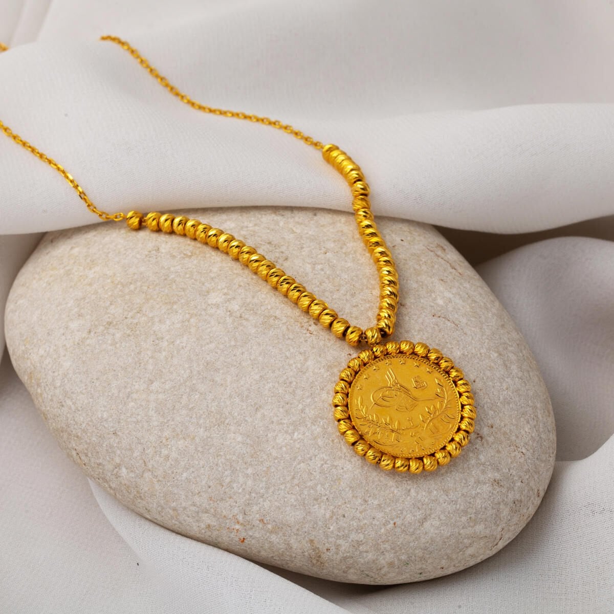 22K Yellow Gold Half Ottoman Resat Coin Gold Bead Necklace