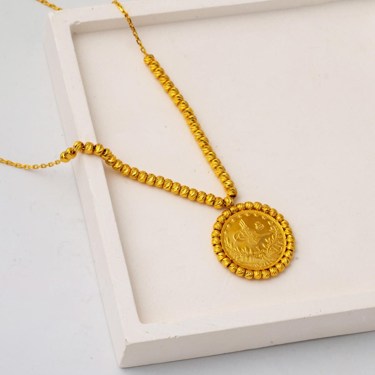 22K Yellow Gold Half Ottoman Resat Coin Gold Bead Necklace