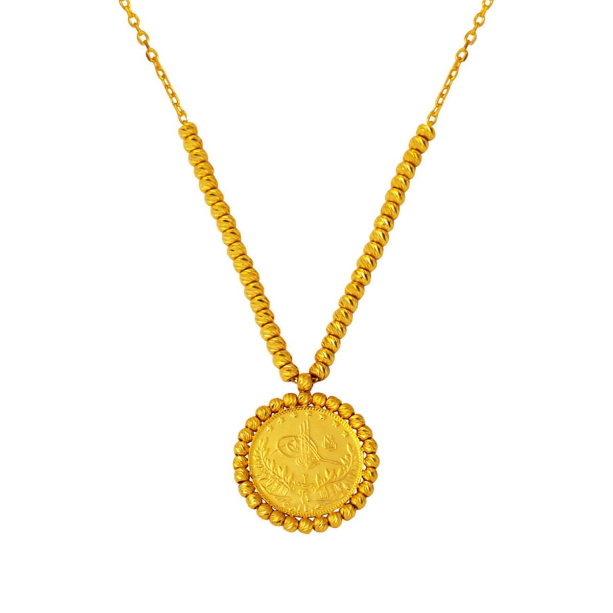 22K Yellow Gold Half Ottoman Resat Coin Gold Bead Necklace