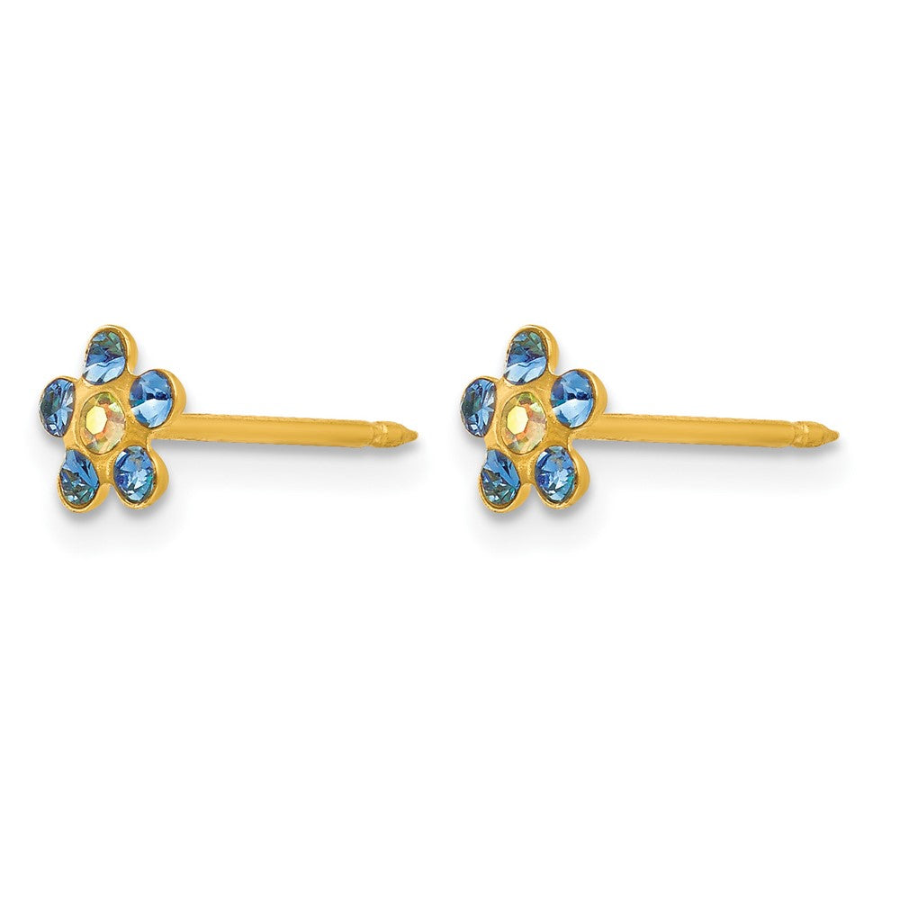 14K Yellow Gold Blue/aurora Borealis Crystal Flower Earrings