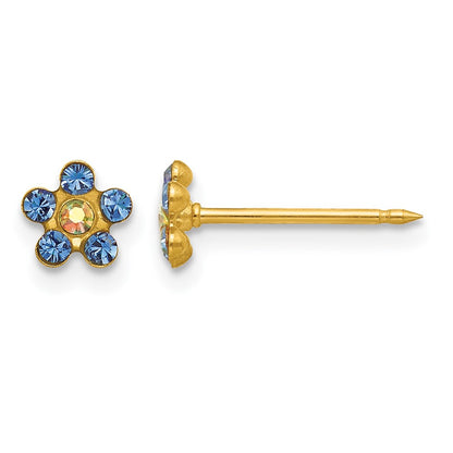 14K Yellow Gold Blue/aurora Borealis Crystal Flower Earrings