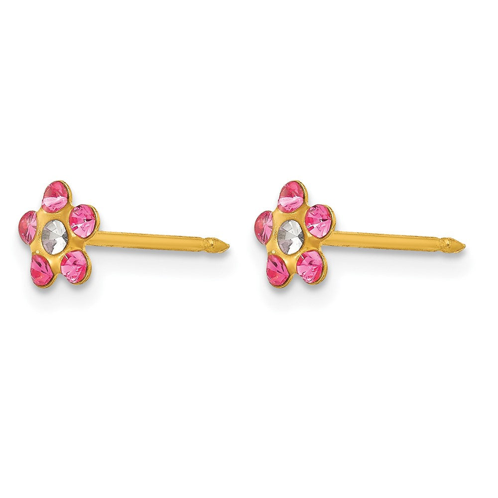 14K Yellow Gold Rose/aurora Borealis Crystal Flower Earrings