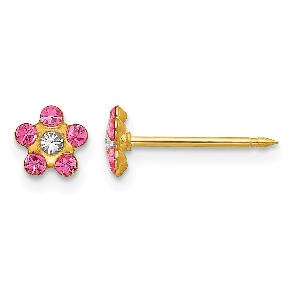 14K Yellow Gold Rose/aurora Borealis Crystal Flower Earrings