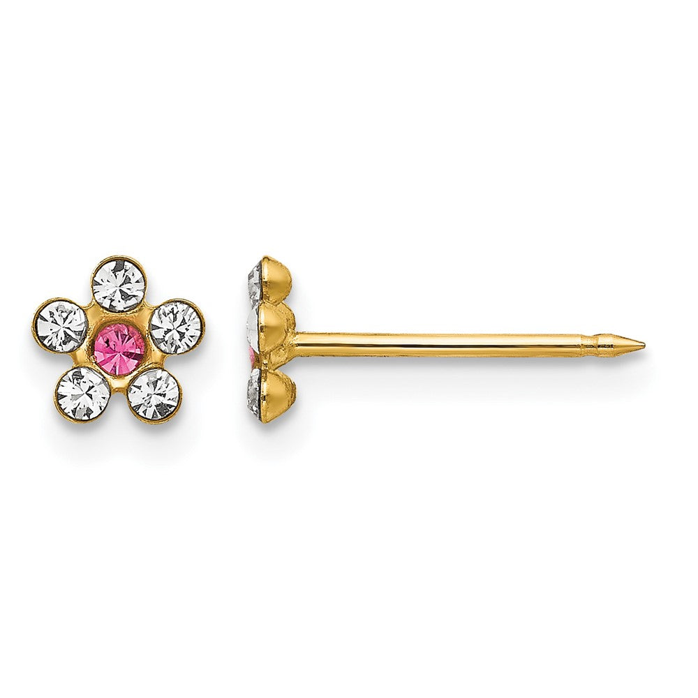 14K Yellow Gold Clear/rose Crystal Flower Earrings