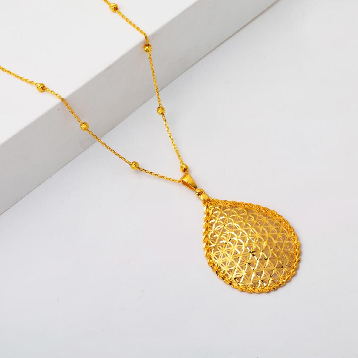 14K Yellow Gold Flower of Life Teardrop Necklace