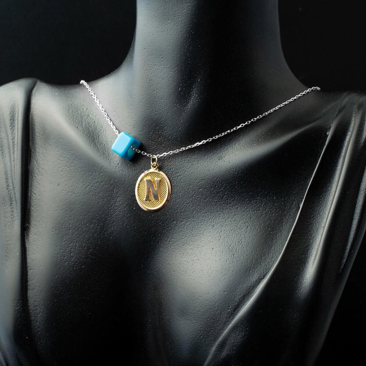 14K Yellow Gold Oval Initial N Pendant