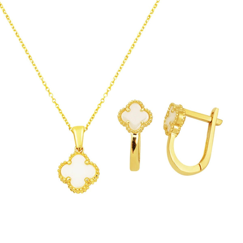 14K Yellow Gold Clover Mother-of-Pearl Cubic Zirconia Necklace and Earrings Set