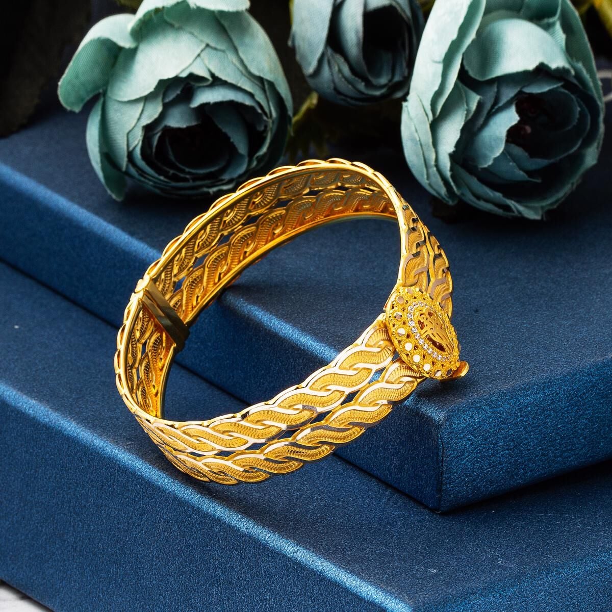 14K Yellow Gold Ottoman Tughra Hinged Cuff Cubic Zirconia Bangle