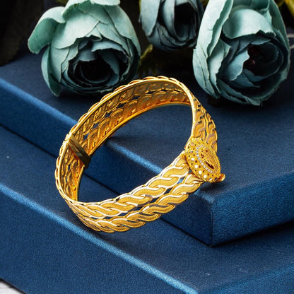 14K Yellow Gold Ottoman Tughra Hinged Cuff Cubic Zirconia Bangle