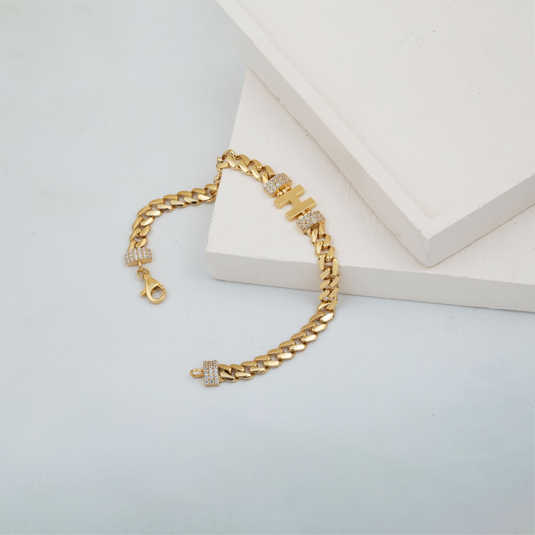 14K Yellow Gold Initial H Curb Cubic Zirconia Bracelet