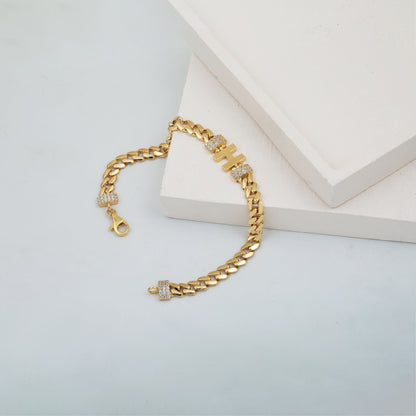 14K Yellow Gold Initial H Curb Cubic Zirconia Bracelet