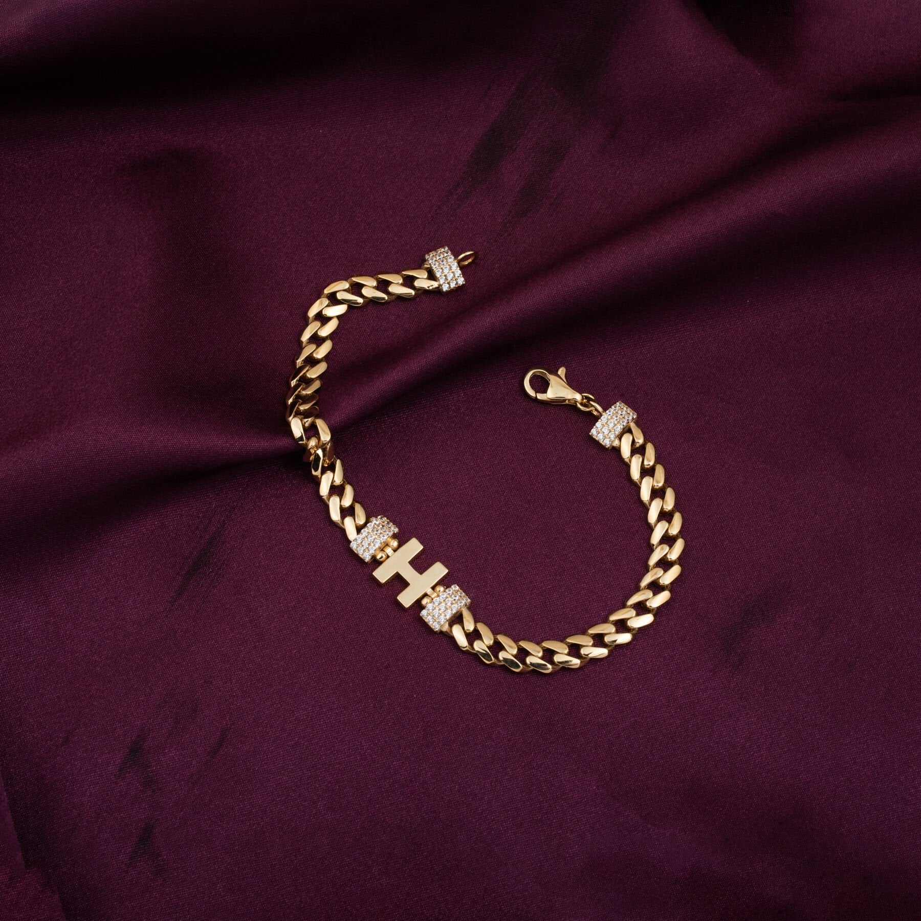 14K Yellow Gold Initial H Curb Cubic Zirconia Bracelet