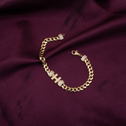 14K Yellow Gold Initial H Curb Cubic Zirconia Bracelet