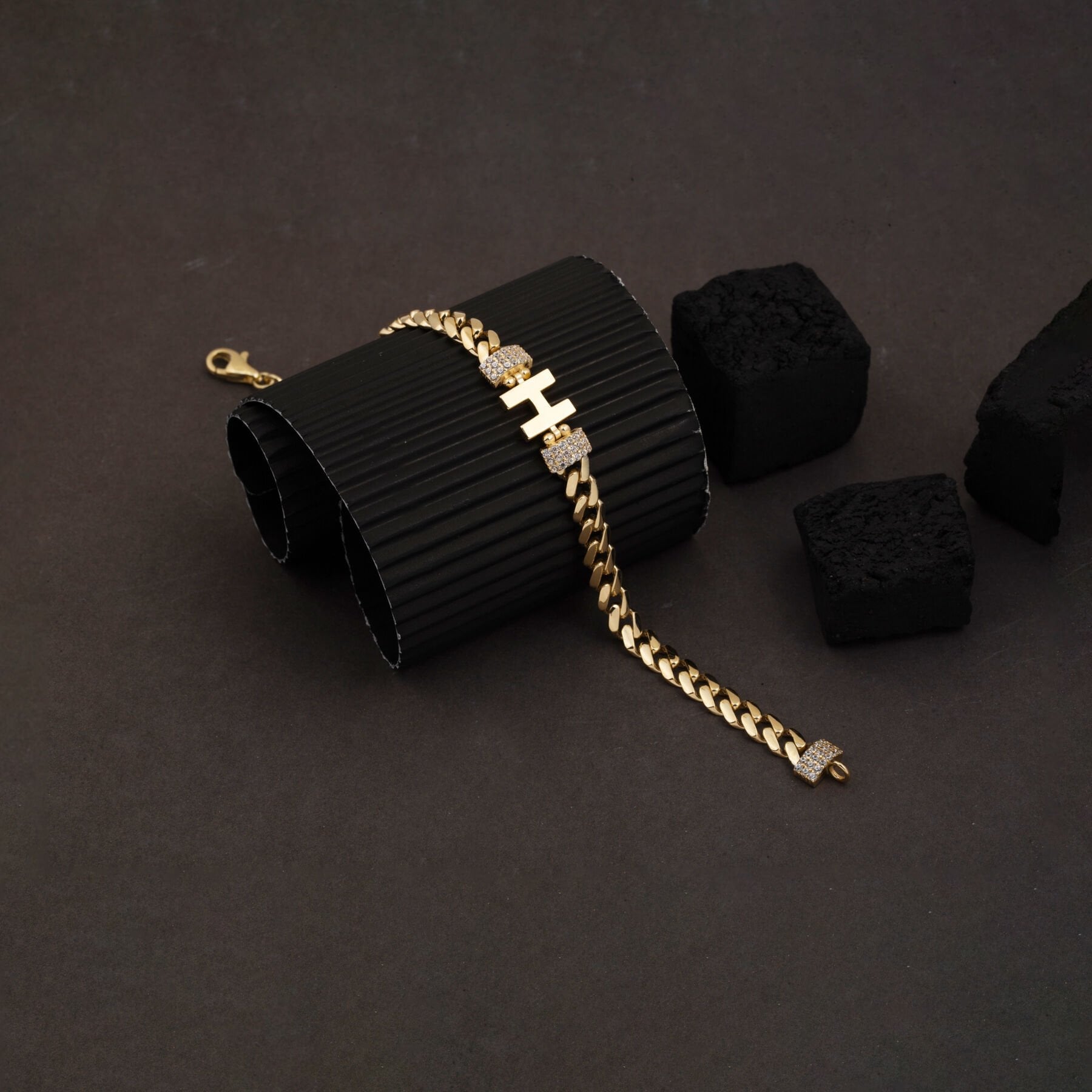 14K Yellow Gold Initial H Curb Cubic Zirconia Bracelet