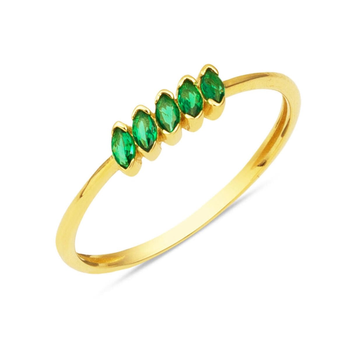 14K Yellow Gold Green Minimalist Five Stone Cubic Zirconia Ring