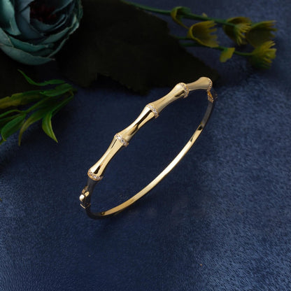 14K Yellow Gold Bone Hinged Cuff Cubic Zirconia Bangle