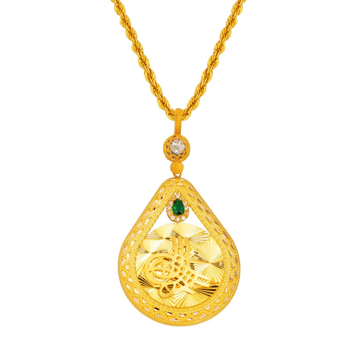 14K Yellow Gold Sparkling Ottoman Tughra Cubic Zirconia Necklace