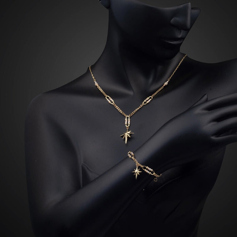 14K Yellow Gold Curb Chain North Star Cubic Zirconia Jewelry Set