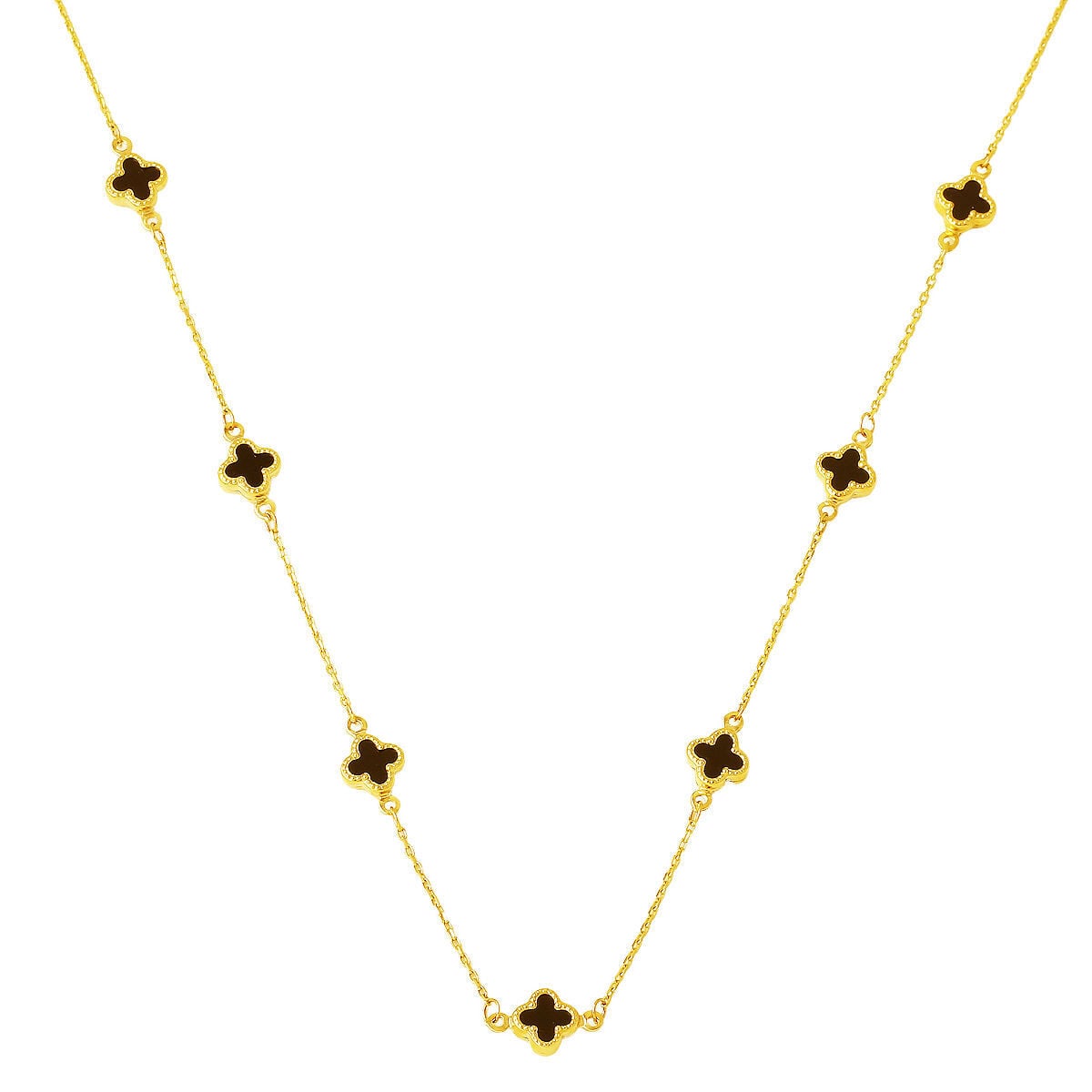 14K Yellow Gold Black Glass Clover Necklace