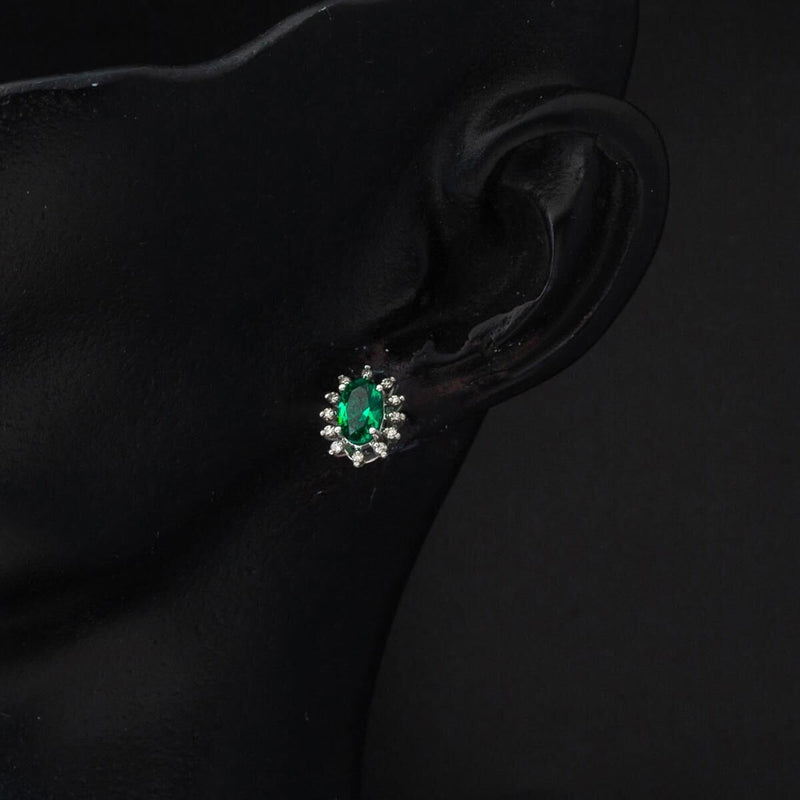 14K White Gold Halo Emerald Diamond Earrings