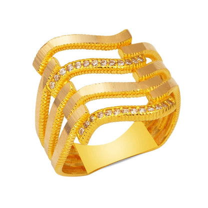 14K Yellow Gold Zigzag 4 Row Ribbed Cubic Zirconia Ring