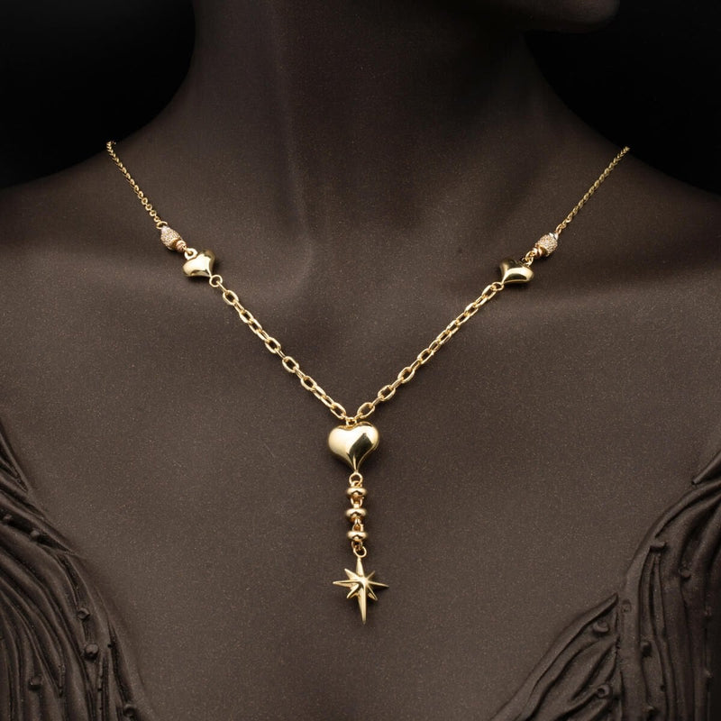 14K Yellow Gold Heart Star Designer Inspired Cubic Zirconia Necklace