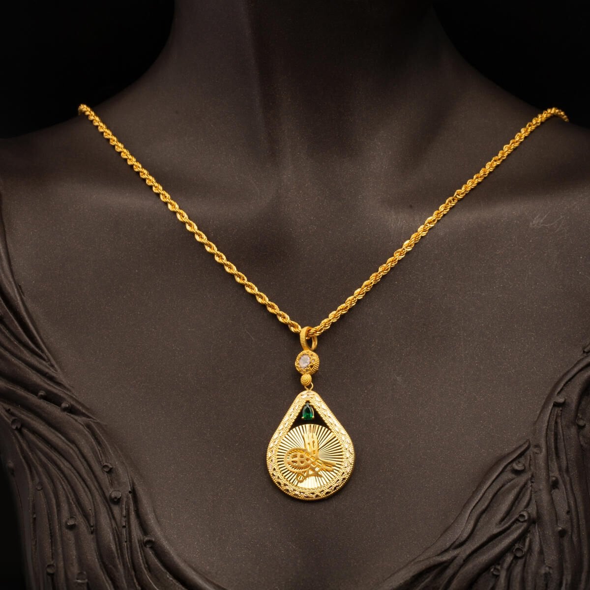 14K Yellow Gold Crystal Ottoman Tughra Cubic Zirconia Necklace