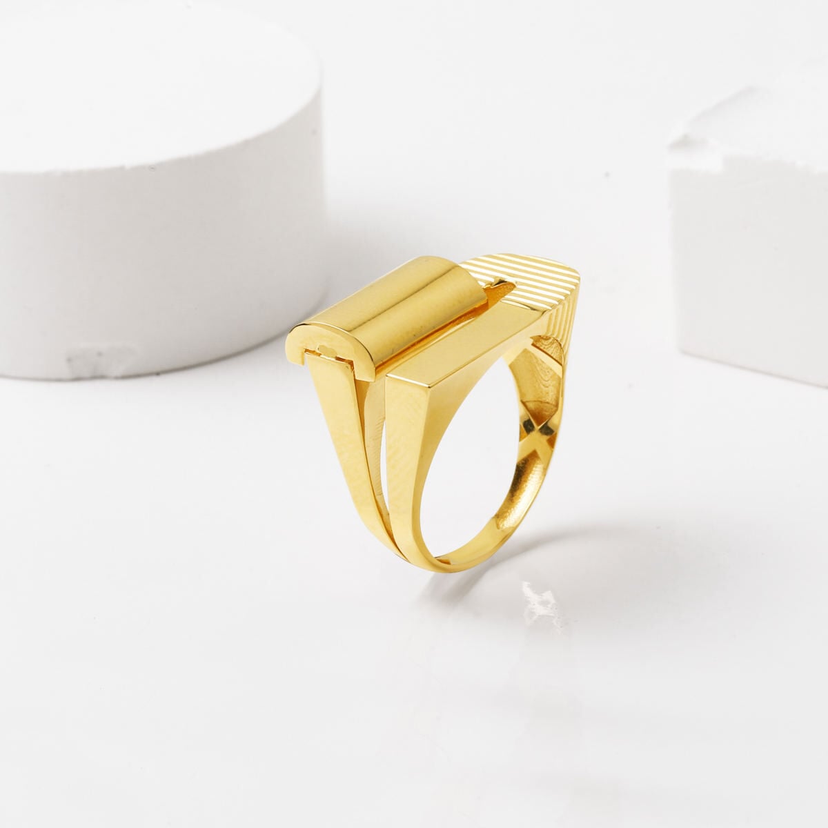 14K Yellow Gold Geometric Striped Ring