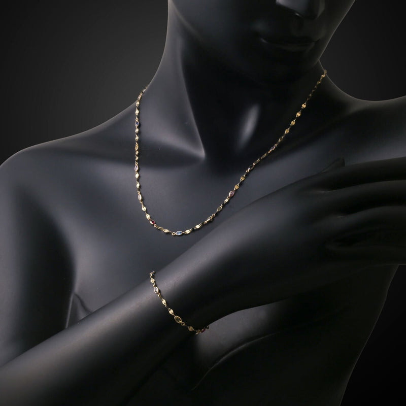 14K Yellow Gold Elegant Chain Colored Minimalist Necklace and Bracelet Set