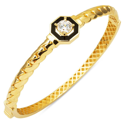 14K Yellow Gold Cagla Curb Link Cubic Zirconia Hinged Cuff Bracelet