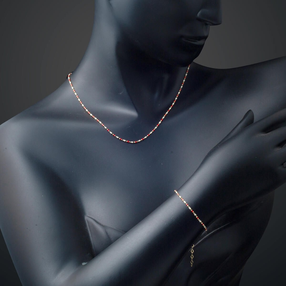 14K Yellow Gold Rose Enamel Chain Double Set