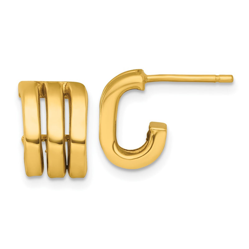 14K Yellow Gold 3.2x11.5mm Polished Oval3-Row J-Hoop Post Earrings