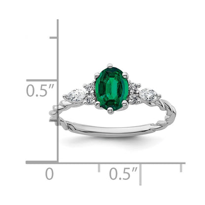 14K White Gold Diamond and 7x5 Oval May/Lab Created Emerald Size 7 Twisted Ring
